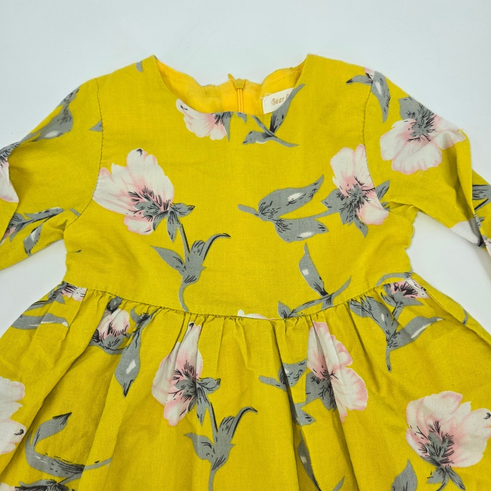 Bear Leader Mustard Yellow Floral Ruffle Sleeve Cotton Jumper Dress Size 120